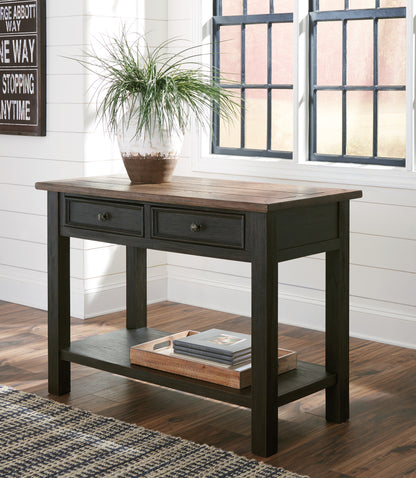 Dark green sofa table with two drawers and lower shelf, rectangular top and legs