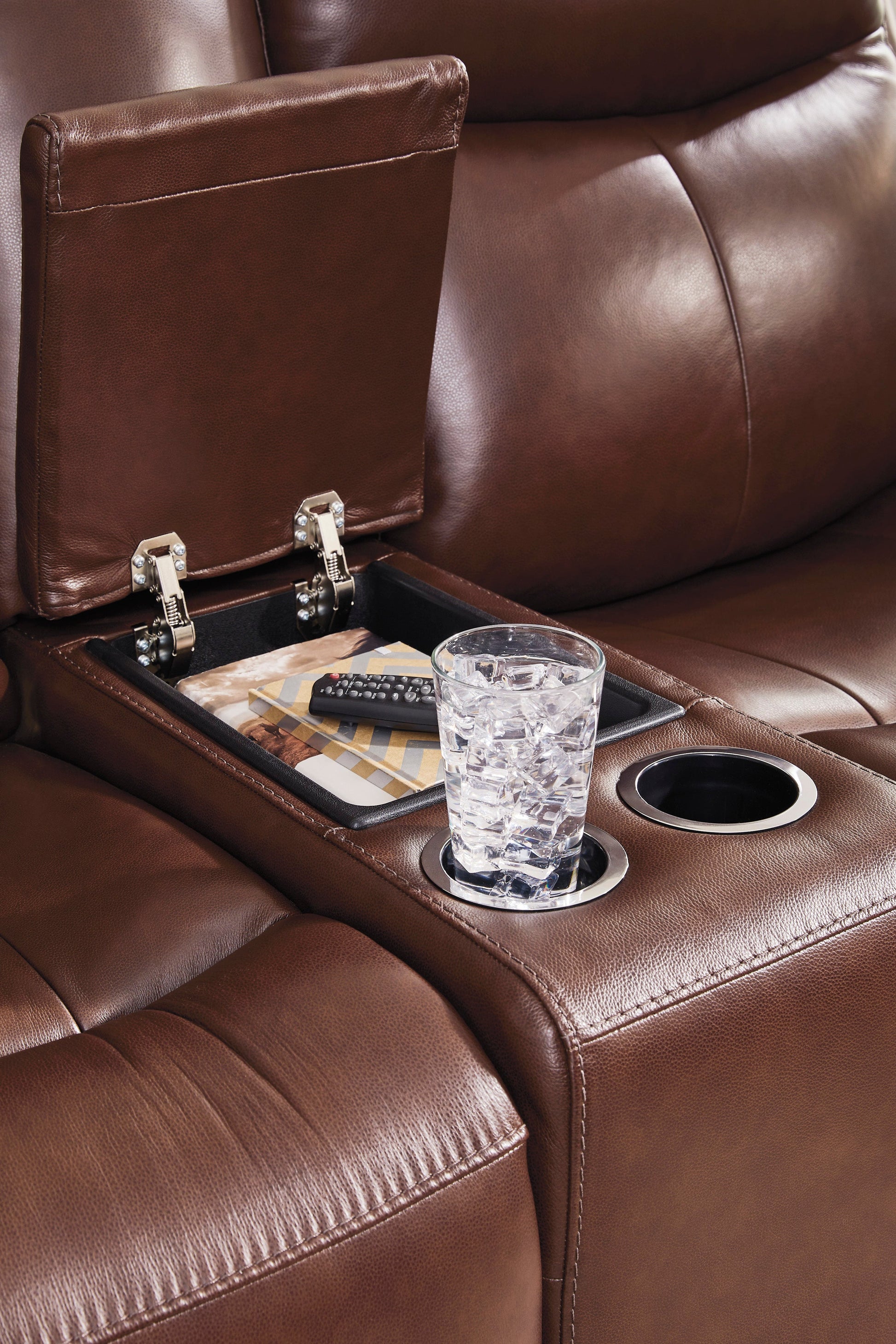 Momentum Moves Leather Power Reclining Console Loveseat with Adjustable Headrest