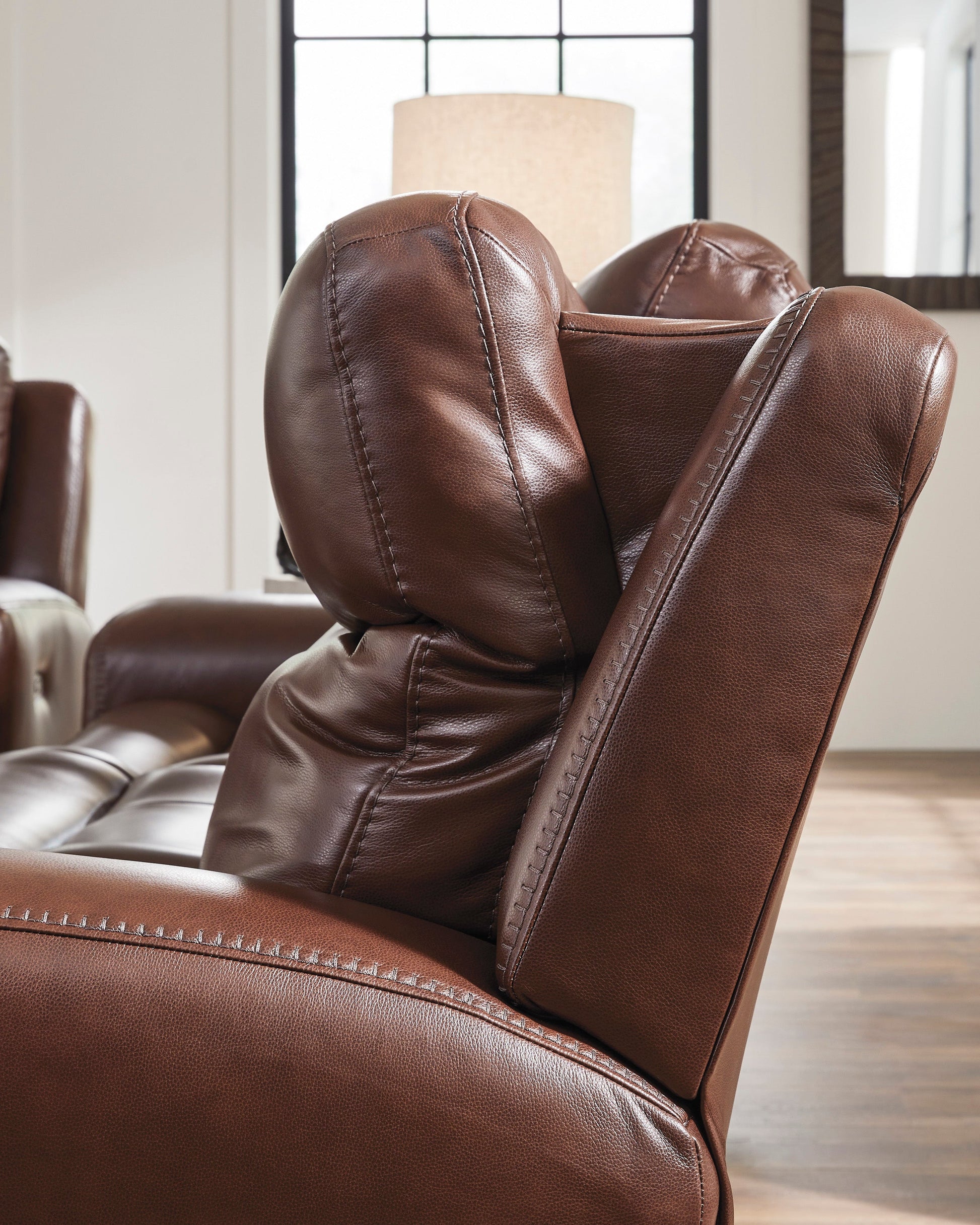 Momentum Moves Leather Power Reclining Console Loveseat with Adjustable Headrest