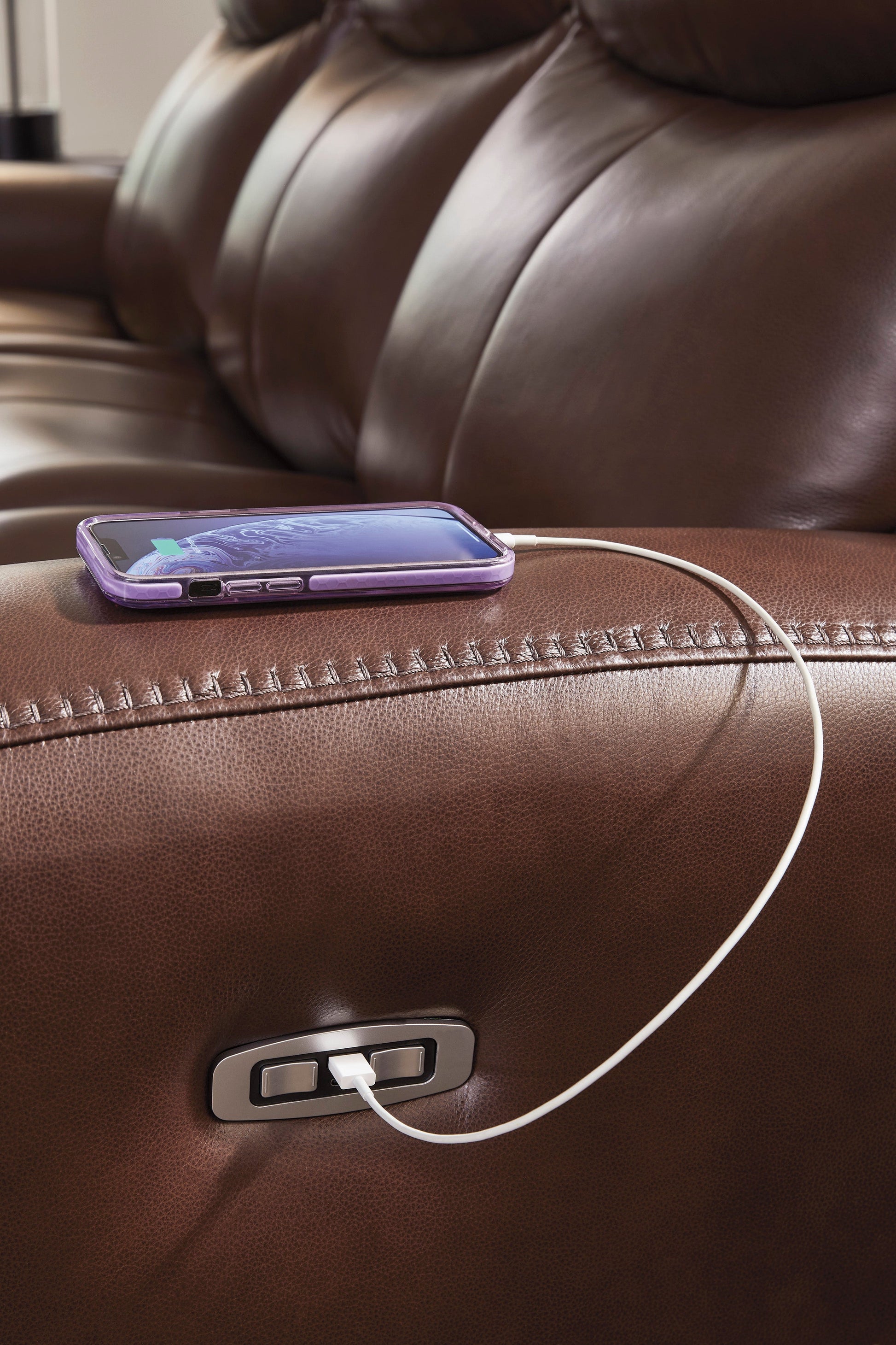 Momentum Moves Leather Power Reclining Console Loveseat with Adjustable Headrest
