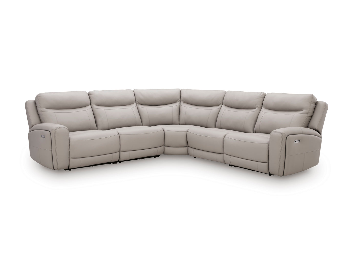 Light gray 5-piece power reclining sectional sofa with curved corner and padded arms