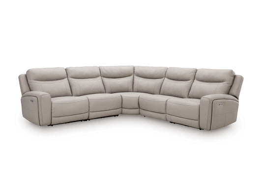Light gray 5-piece power reclining sectional sofa with curved corner and padded arms