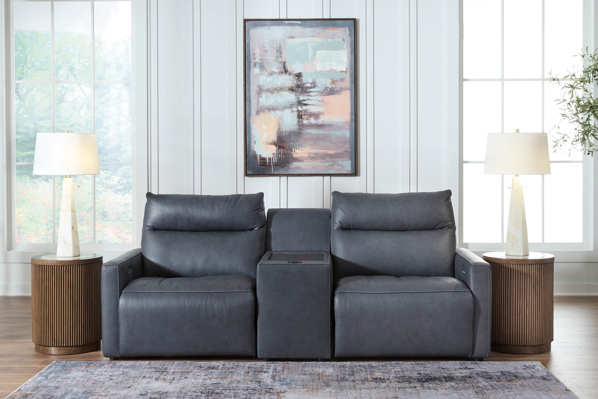 ModZ 3-Piece Power Reclining Sectional Loveseat with Audio Console Blue