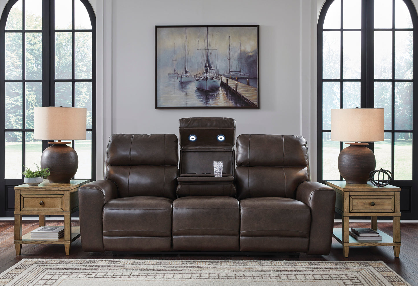 Beadel Leather Power Reclining Sofa with Drop Down Table