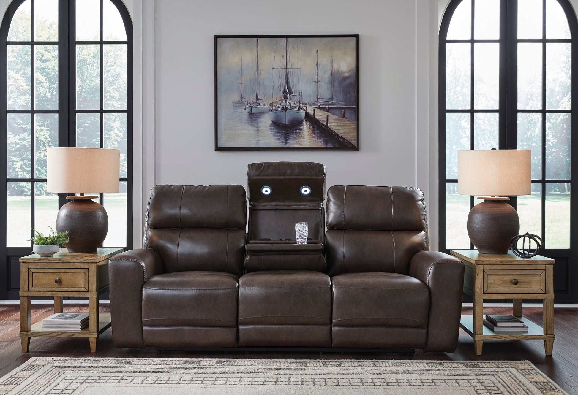 Beadel Leather Power Reclining Sofa with Drop Down Table