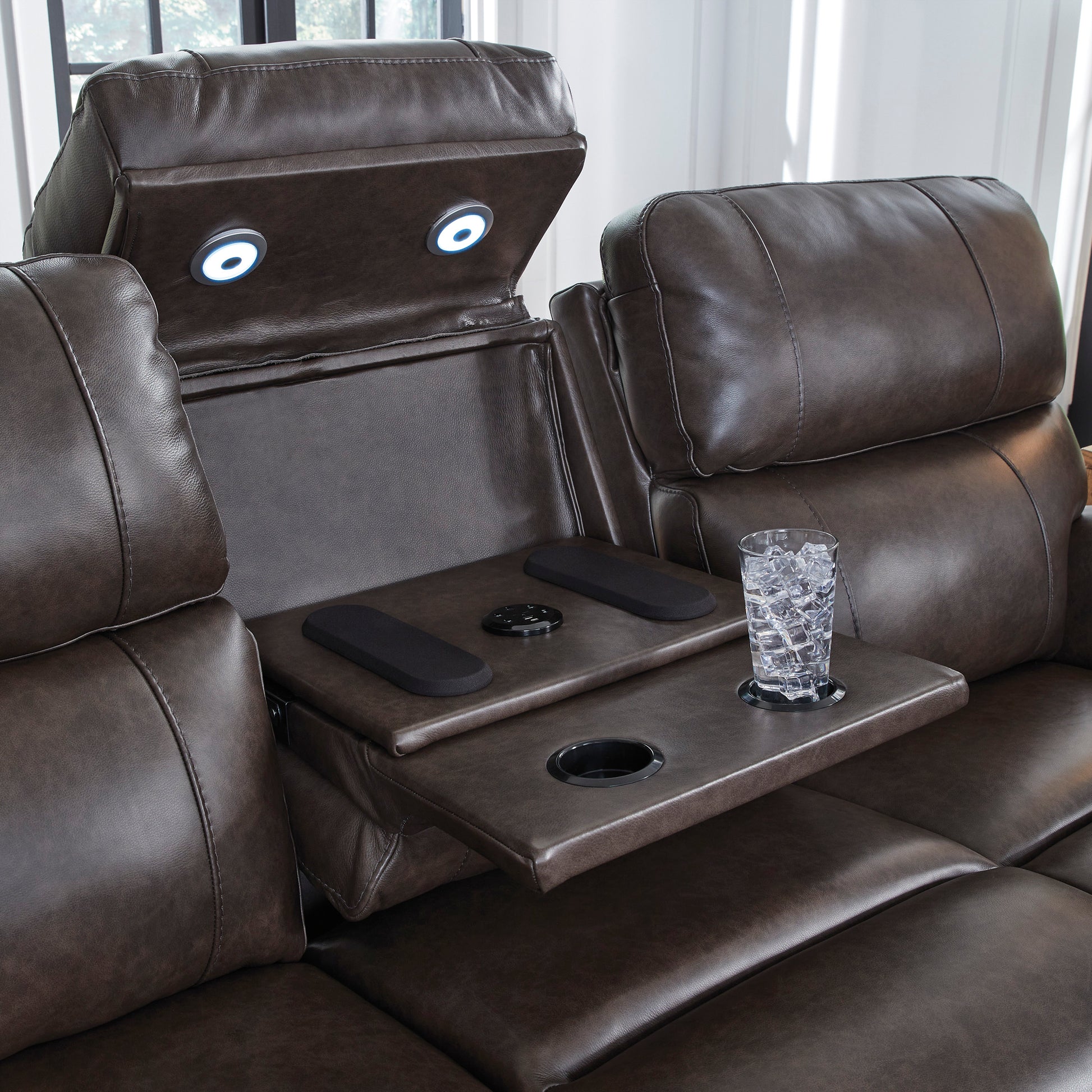 Beadel Leather Power Reclining Sofa with Drop Down Table