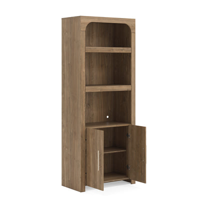 Wood display cabinet with open lower compartment and arched top display shelves