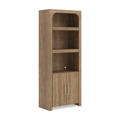 Tall wood display cabinet with open shelf section and two-door lower storage