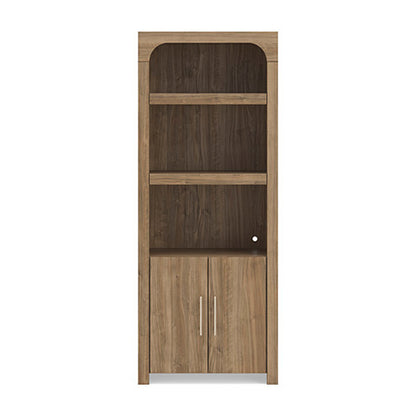 Wood display cabinet with arched top shelves and two lower doors with metal pulls