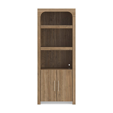 Wood display cabinet with arched top shelves and two lower doors with metal pulls
