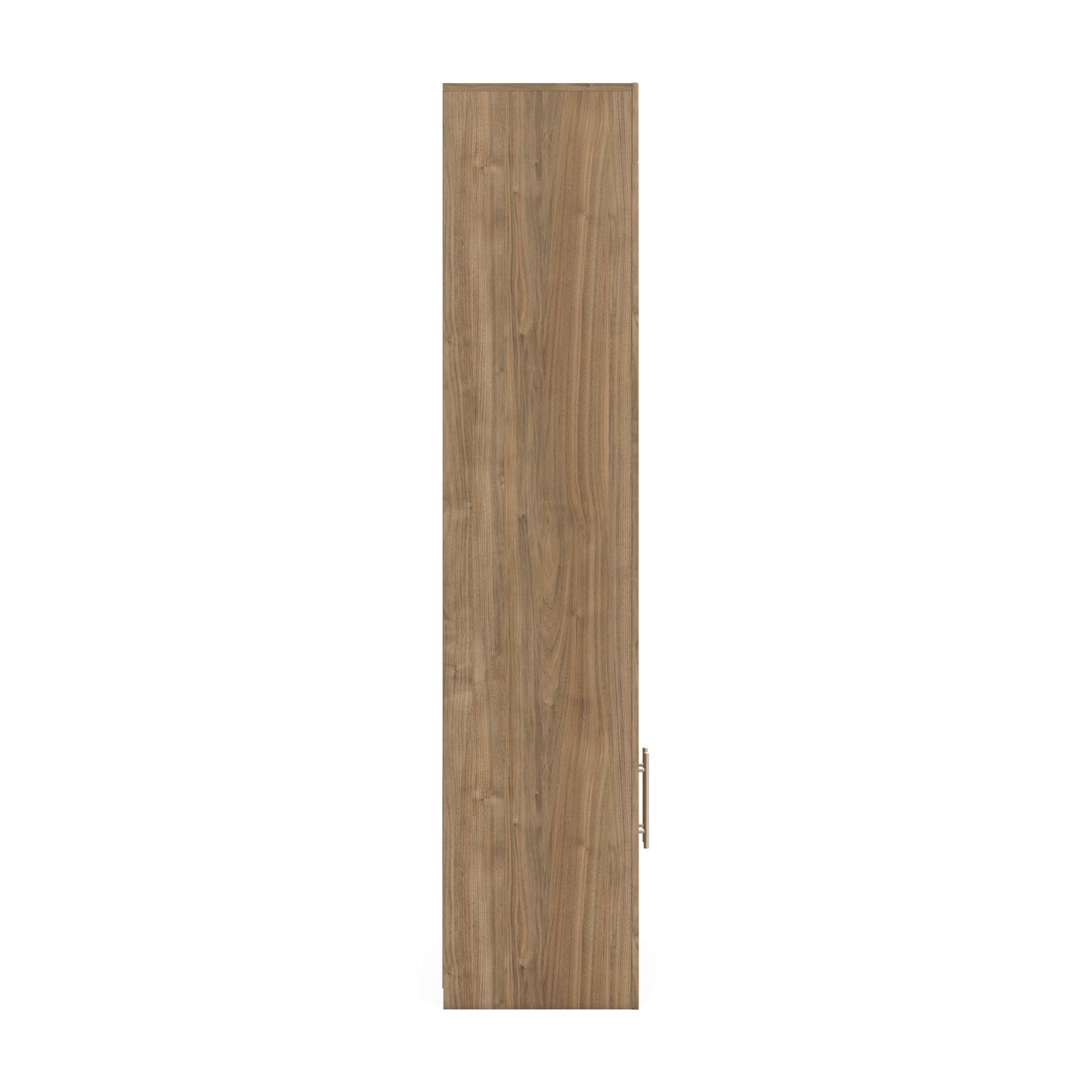 Wood display cabinet side view with vertical metal handle on the door