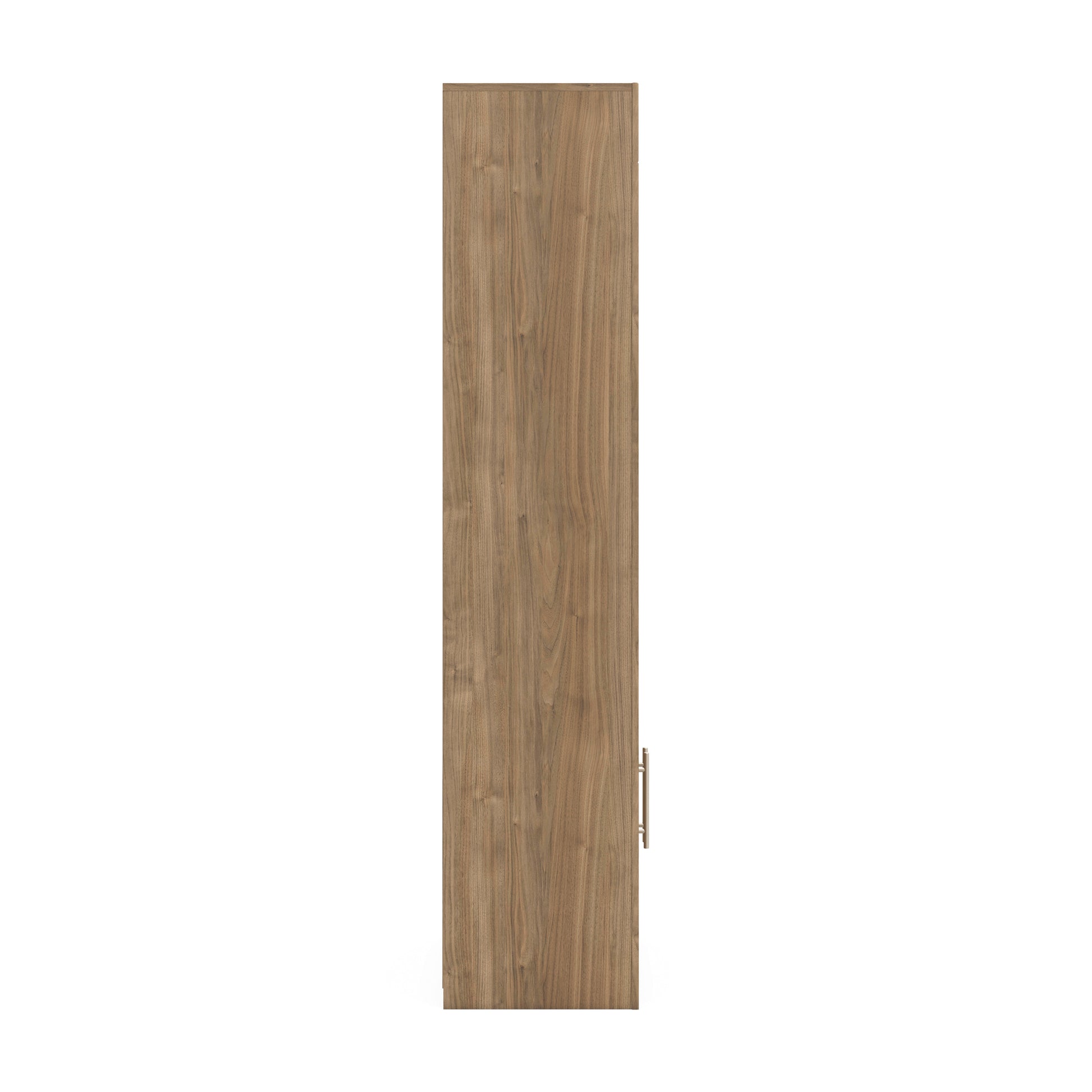 Wood display cabinet side view with vertical metal handle on the door