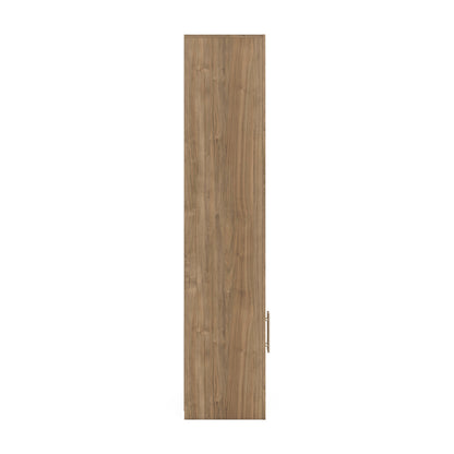 Wood display cabinet side view with vertical metal handle on the door