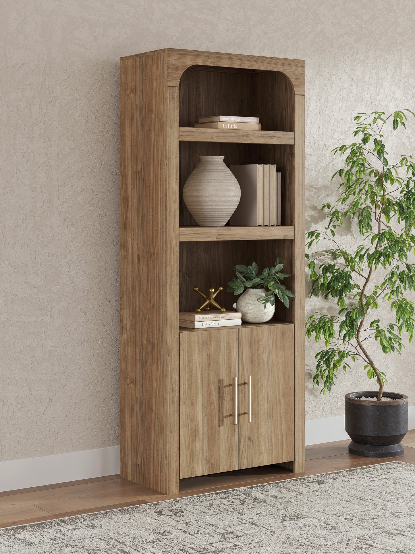 Wood display cabinet with arched upper opening, open shelves, and double lower doors