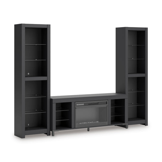 Dark gray entertainment center with open shelves and built-in electric fireplace