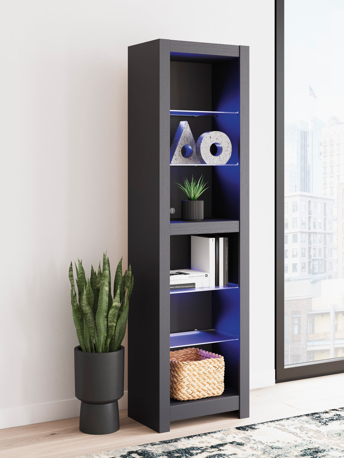 Tall gray shelving cabinet with open door and blue-backlit interior shelves