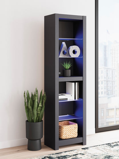 Tall gray shelving cabinet with open door and blue-backlit interior shelves