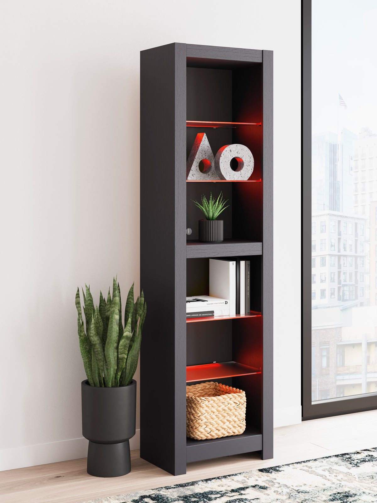 Tall gray shelving cabinet with open door and red-backlit interior shelves