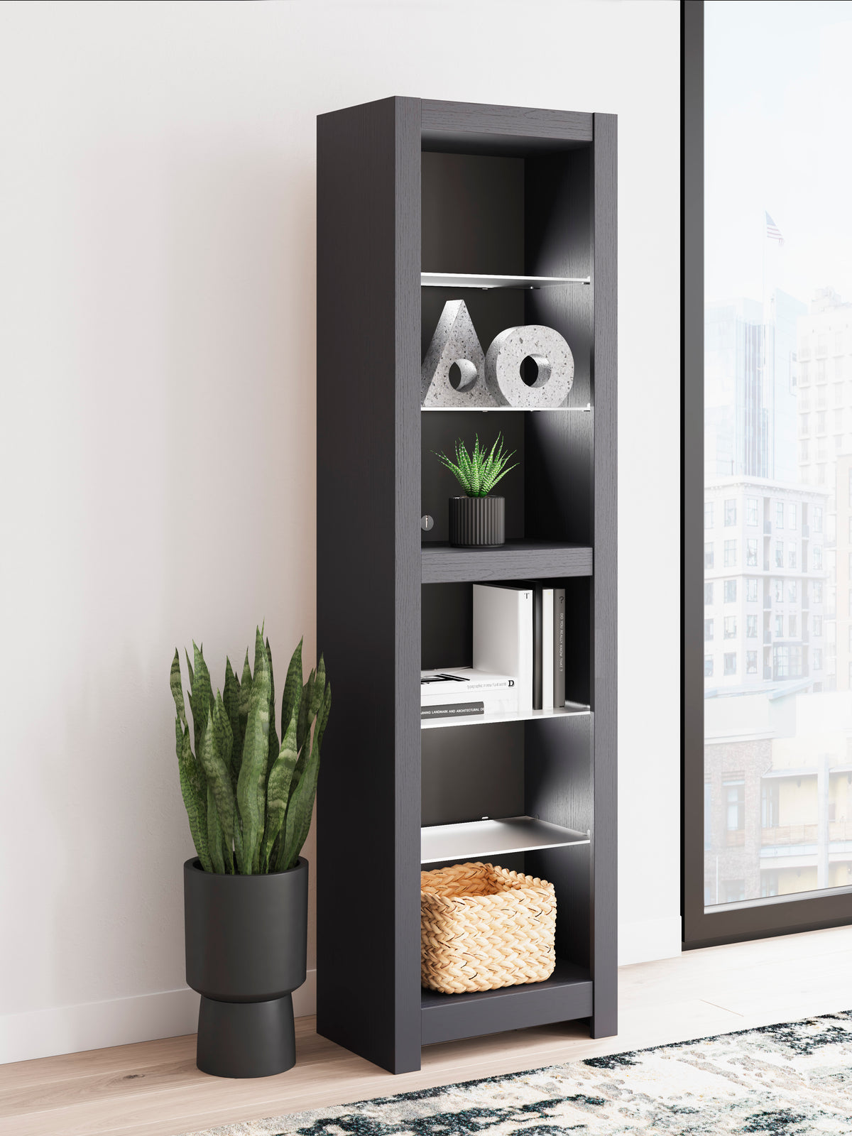 Tall gray shelving cabinet with open door and multiple storage shelves