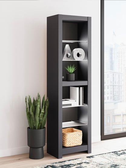 Tall gray shelving cabinet with open door and multiple storage shelves