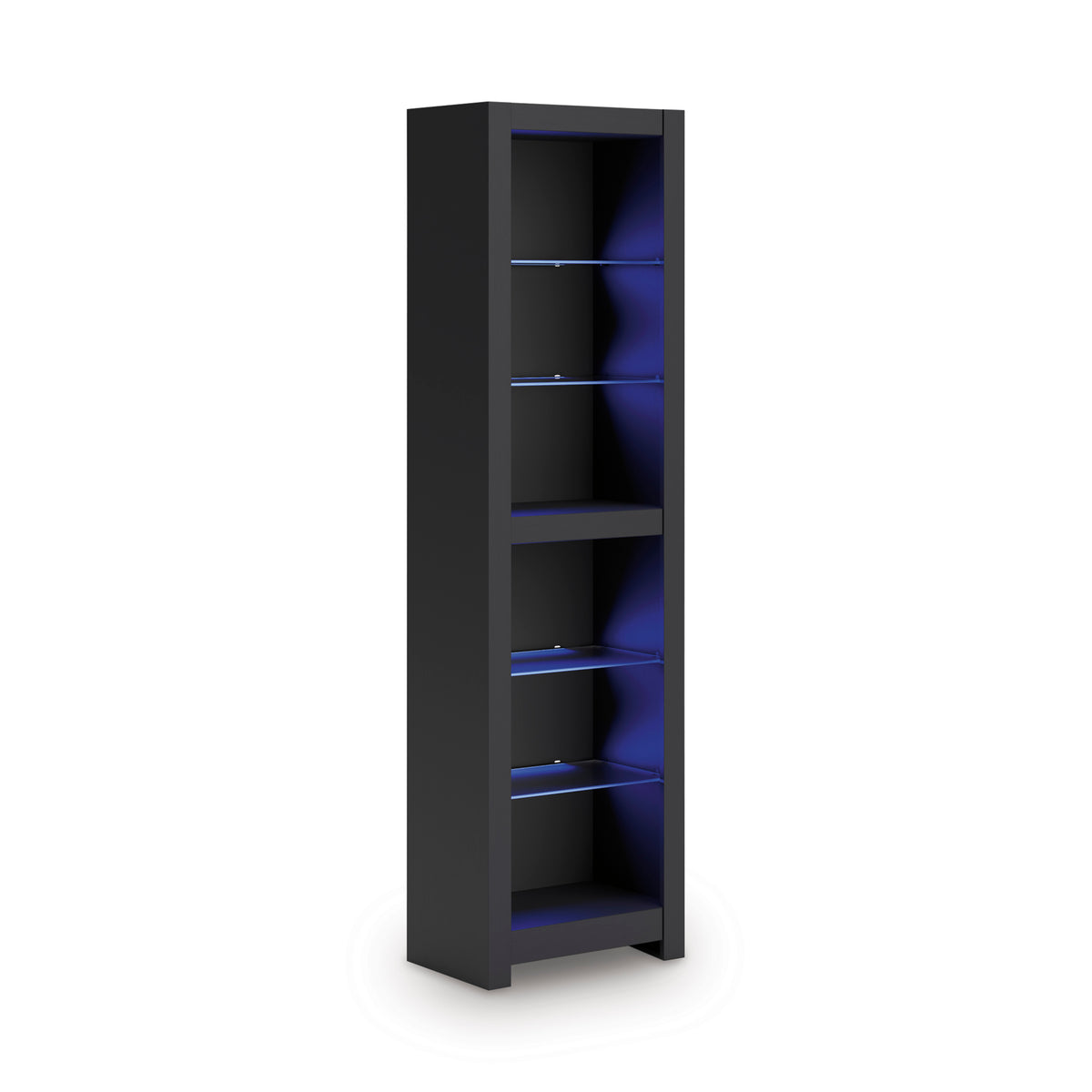 Tall dark shelving cabinet with open door and blue interior backlighting