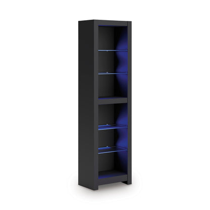 Tall dark shelving cabinet with open door and blue interior backlighting