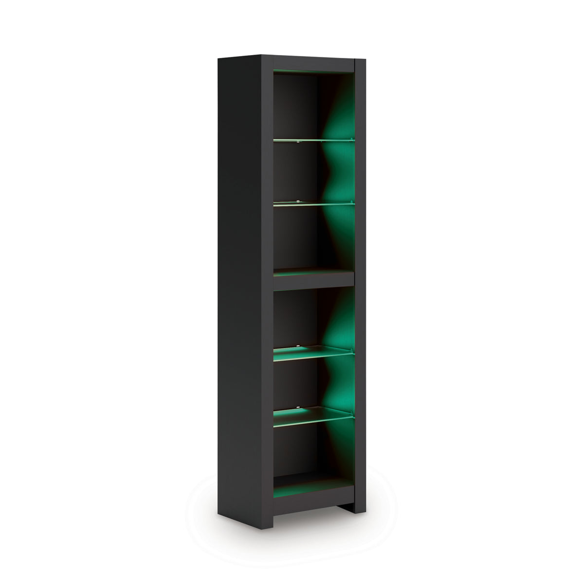Tall dark shelving cabinet with open door and green interior backlighting