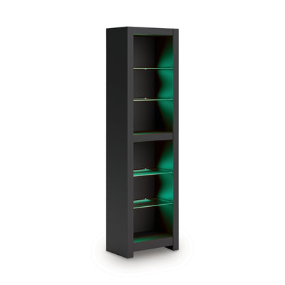 Tall dark shelving cabinet with open door and green interior backlighting