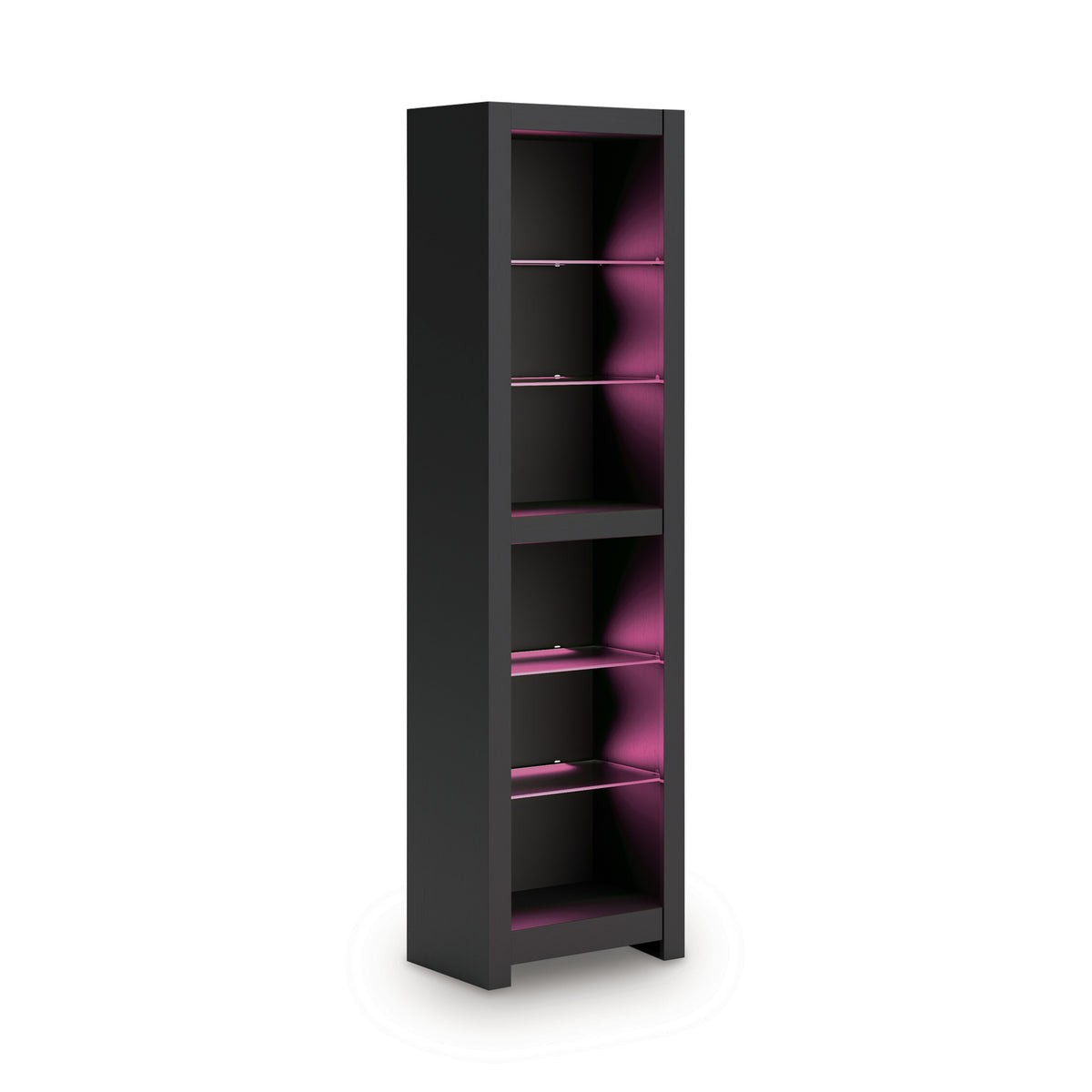 Tall dark shelving cabinet with open door and pink interior backlighting
