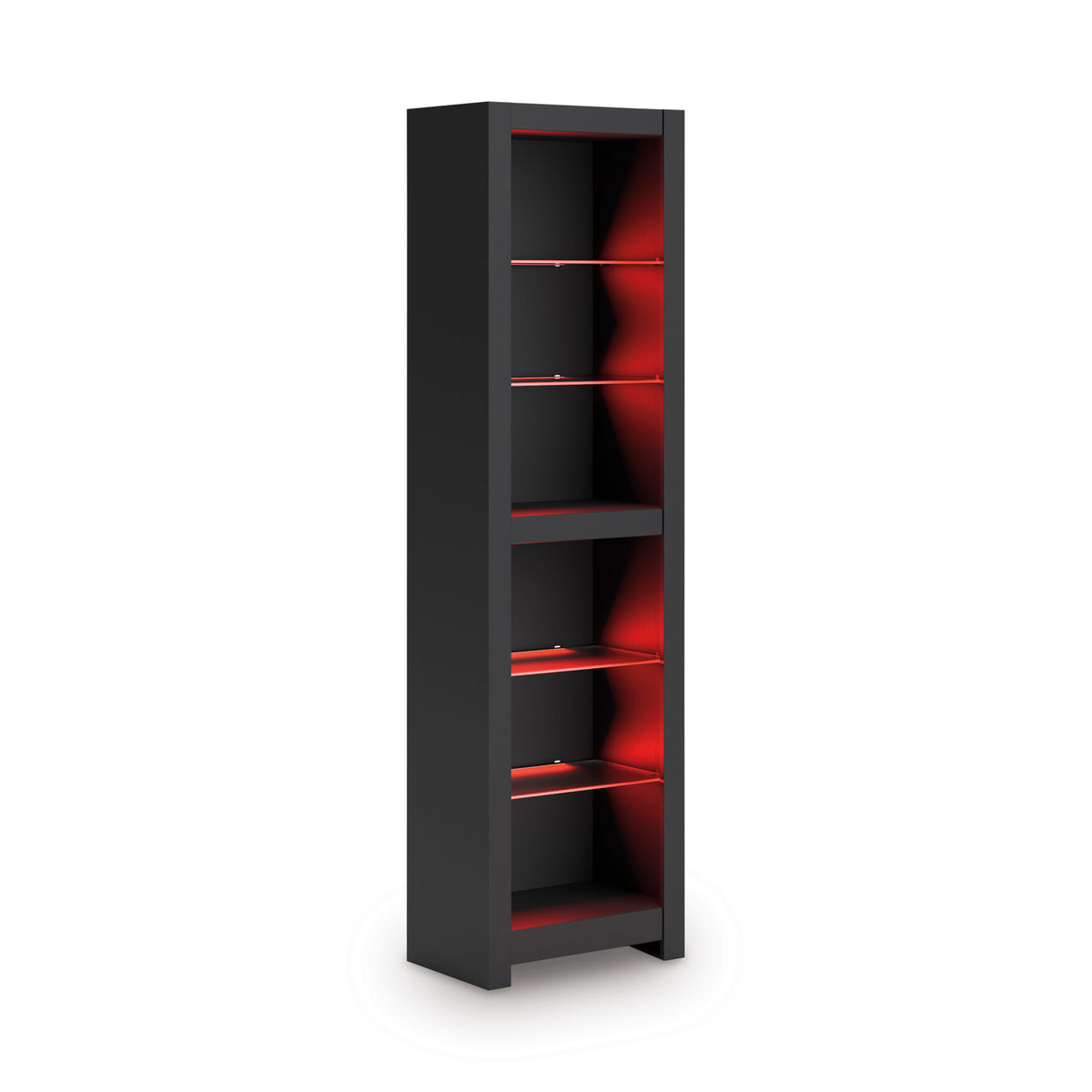 Tall dark shelving cabinet with open door and red interior backlighting
