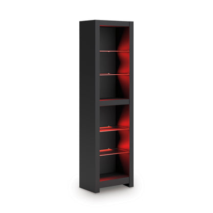 Tall dark shelving cabinet with open door and red interior backlighting