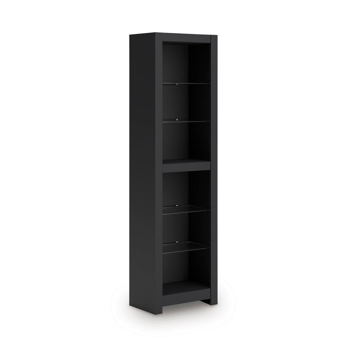 Tall dark shelving cabinet with open door and unlit interior shelves