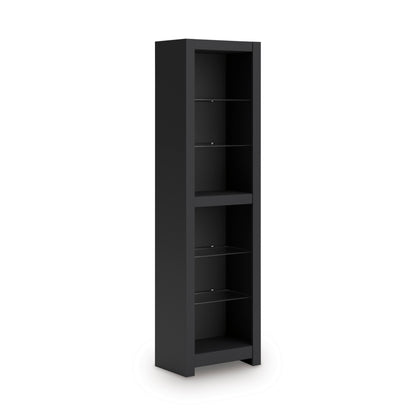 Tall dark shelving cabinet with open door and unlit interior shelves