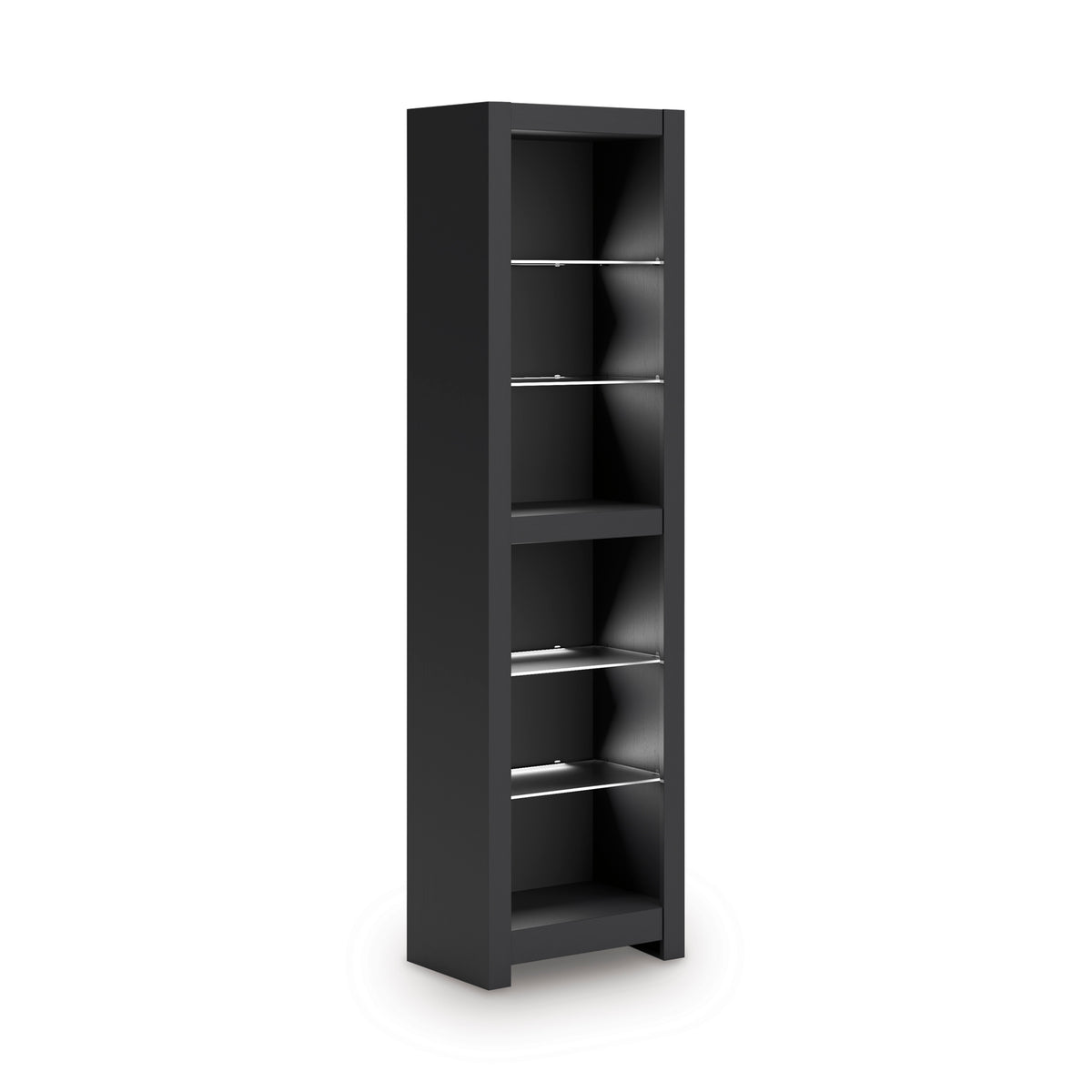 Tall dark shelving cabinet with open door and white interior backlighting