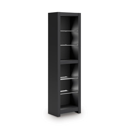 Tall dark shelving cabinet with open door and white interior backlighting