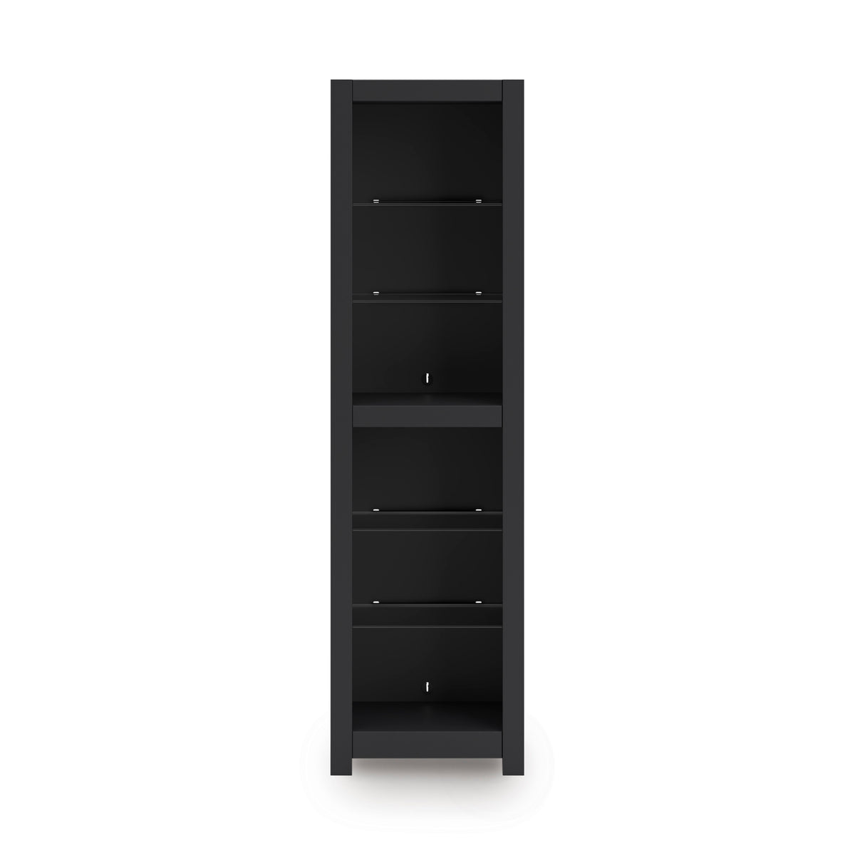 Black tall open bookshelf cabinet with multiple shelves