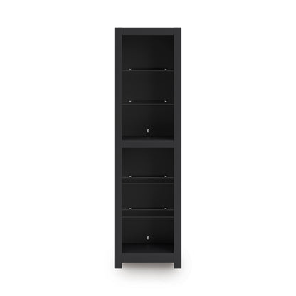Black tall open bookshelf cabinet with multiple shelves