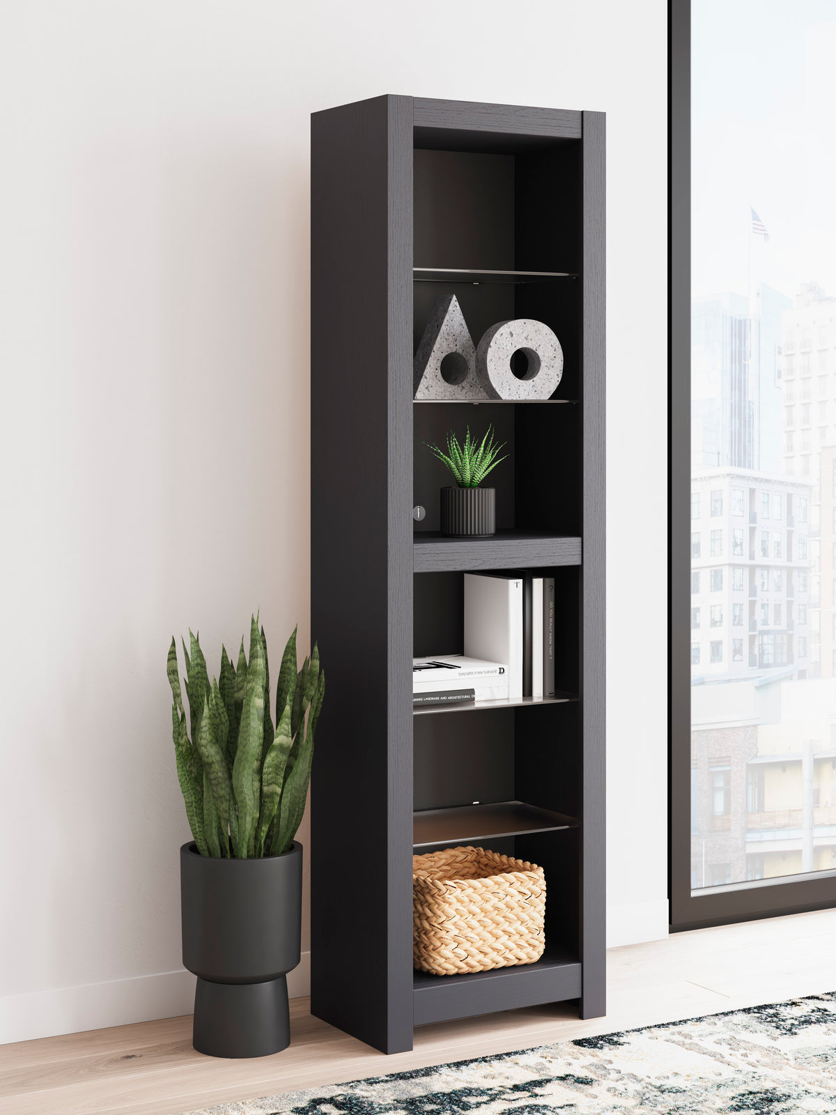 Tall gray shelving cabinet with open door and fixed shelves for storage