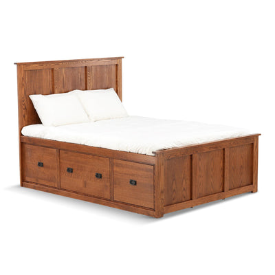 Wood king bed frame with storage drawers and white bedding