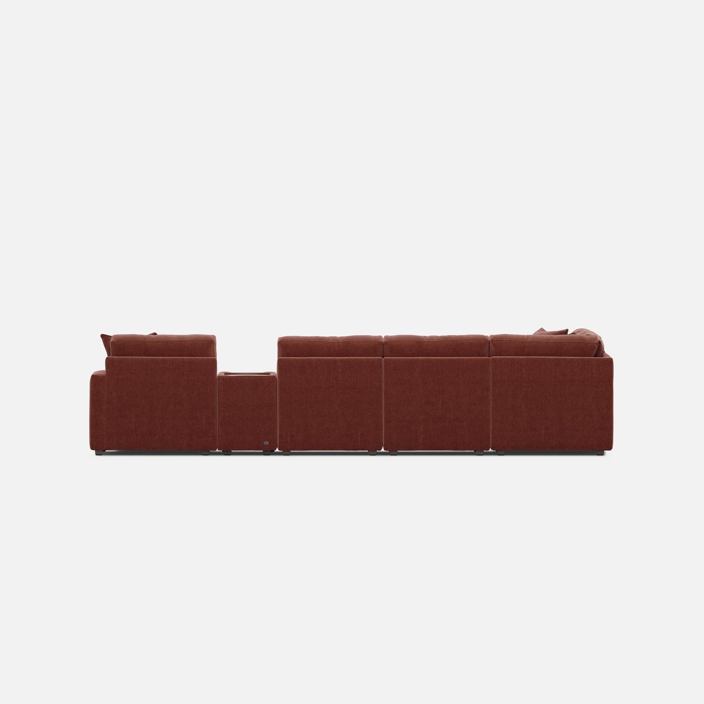 Reddish-brown modular sectional sofa with long bench seating and ottoman end sections