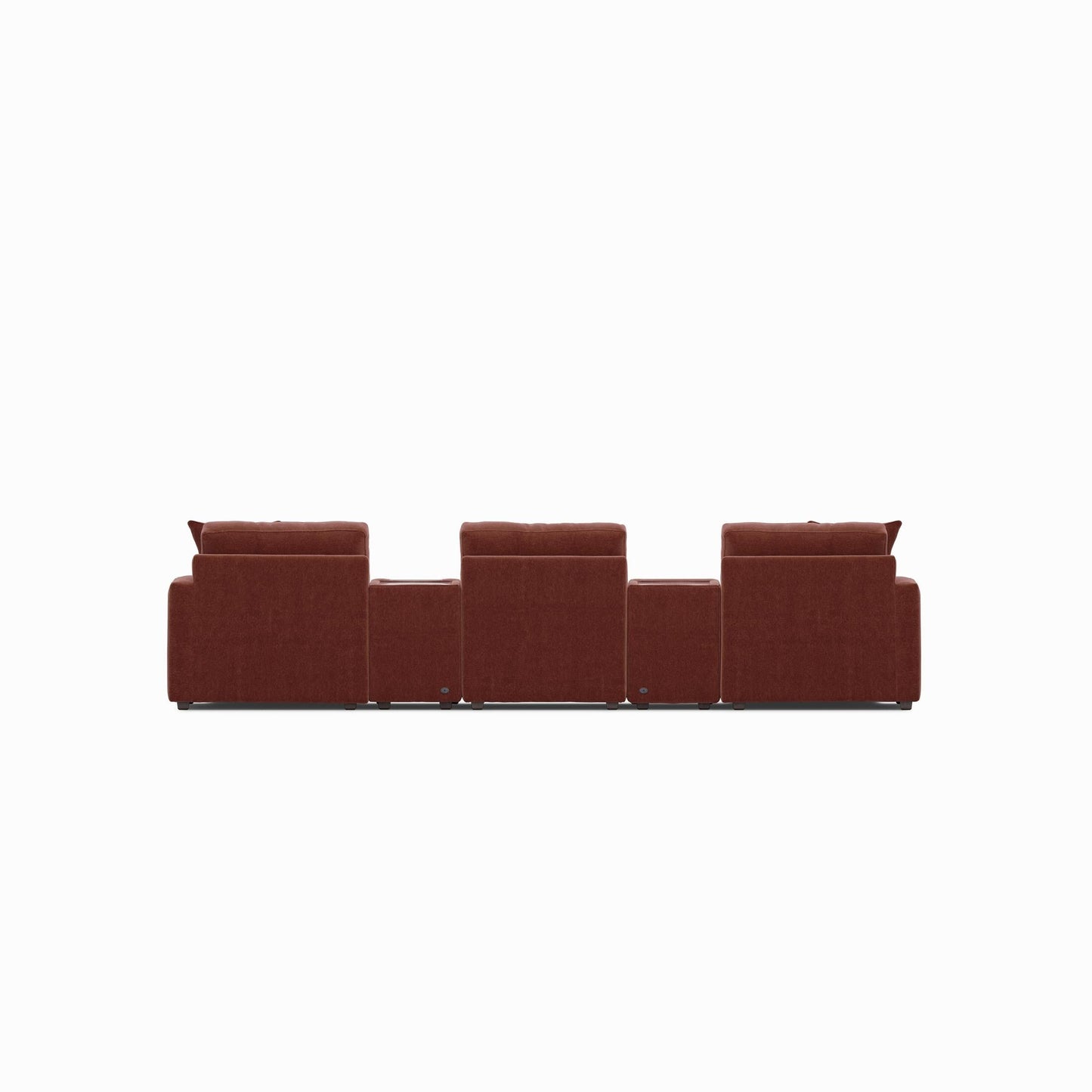 Modular sectional sofa with dual chaises, dark red fabric, straight bench-style layout