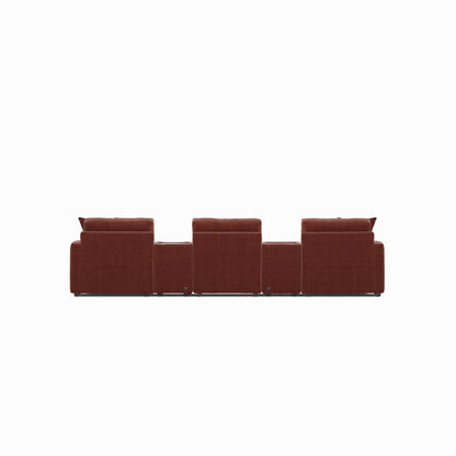 Modular sectional sofa with dual chaises, dark red fabric, straight bench-style layout