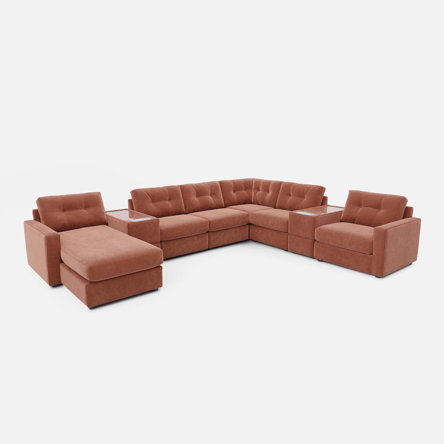 Rust-brown modular sectional sofa with tufted seats and deep corner chaise modules