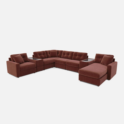 Merlot modular sectional sofa with chaise ottoman and corner back cushions