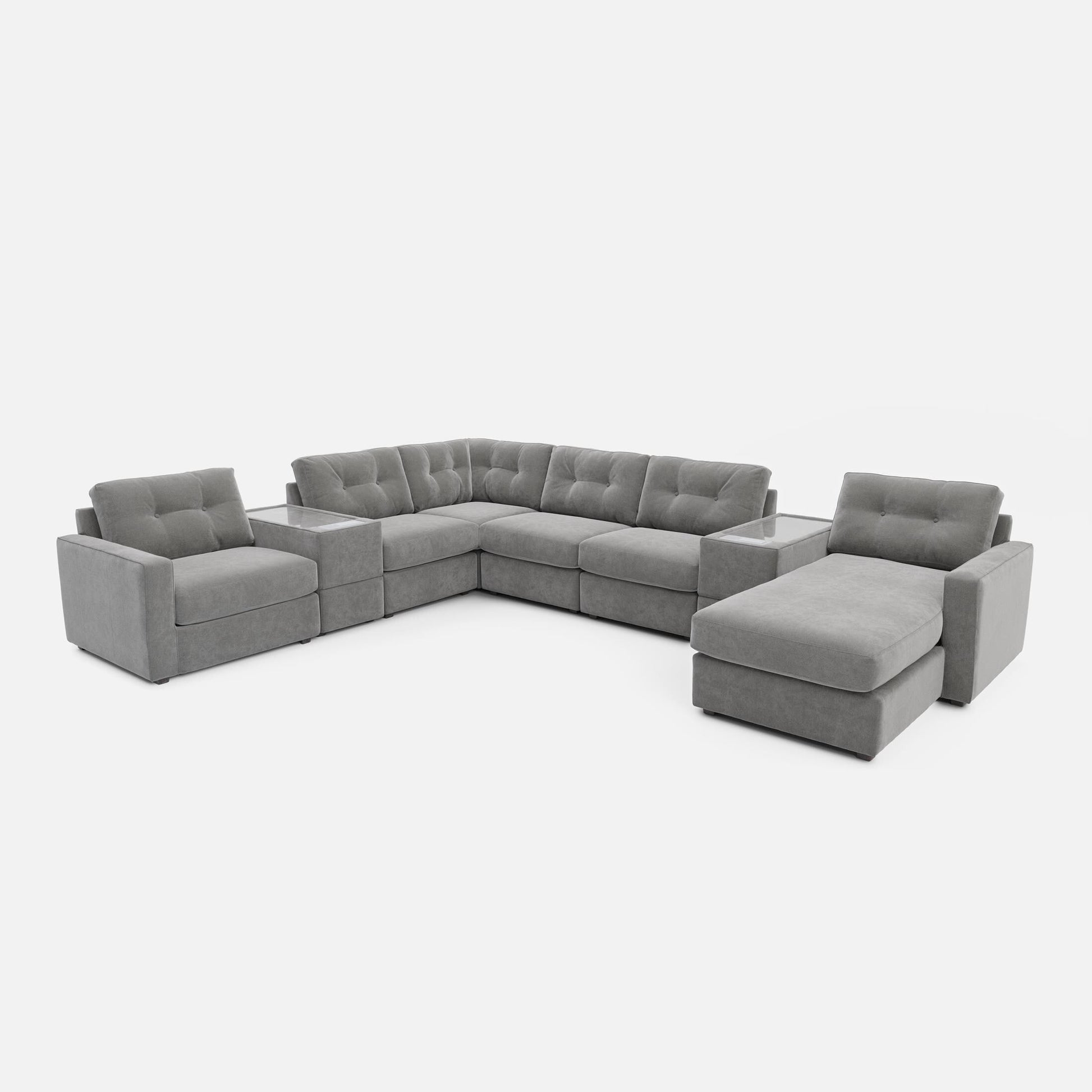Gray modular sectional sofa with corner chaise and wide sectional seat cushions