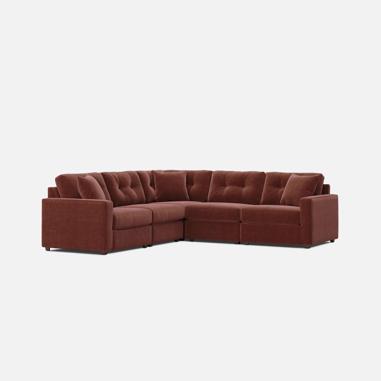 Merlot red sectional sofa with chaise corner, button-tufted back and padded arms