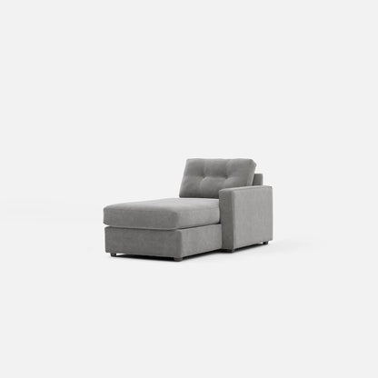 Gray modular chaise with side backrest and wide chaise seat, angled view