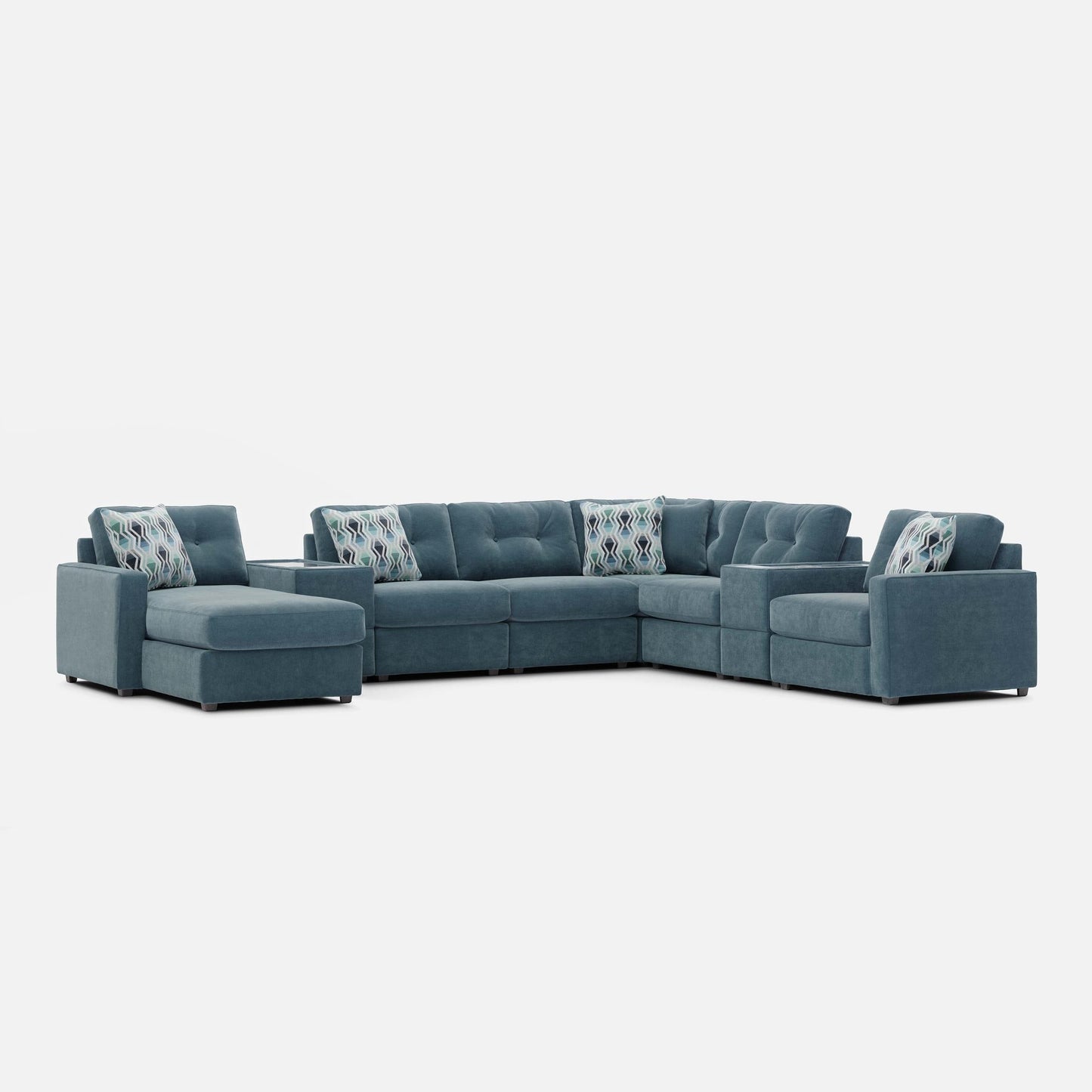 Teal modular sectional sofa with armless corner and ottoman-style chaise seats