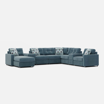Teal modular sectional sofa with armless corner and ottoman-style chaise seats