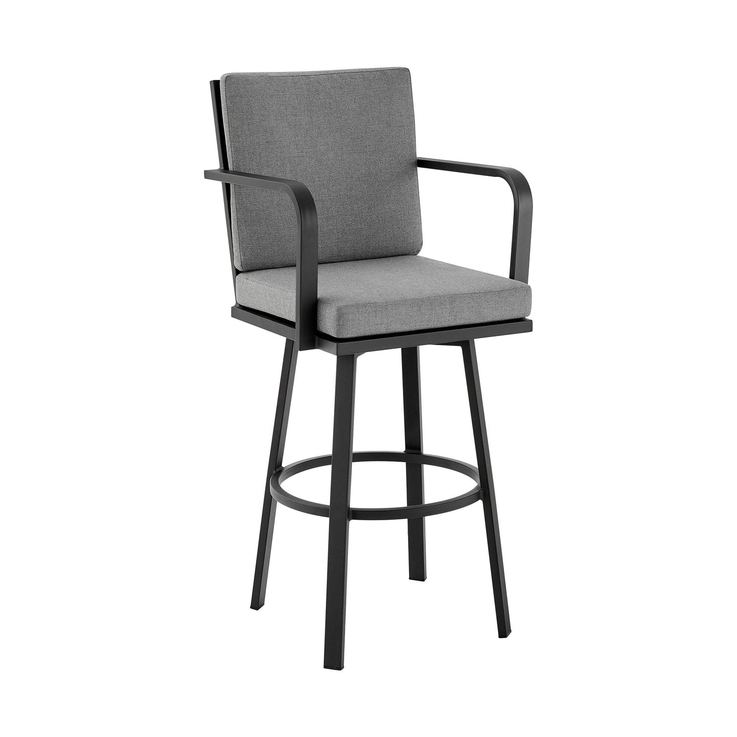 Don 30" Outdoor Patio Swivel Bar Stool in Black Aluminum with Grey Cushions